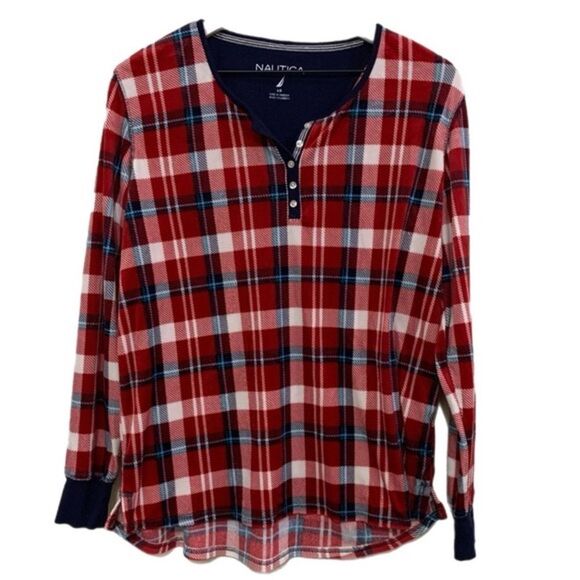 NAUTICA PAJAMA TOP WOMEN’S LARGE RED WHITE BLUE PLAID SUPER SOFT. - Picture 1 of 11
